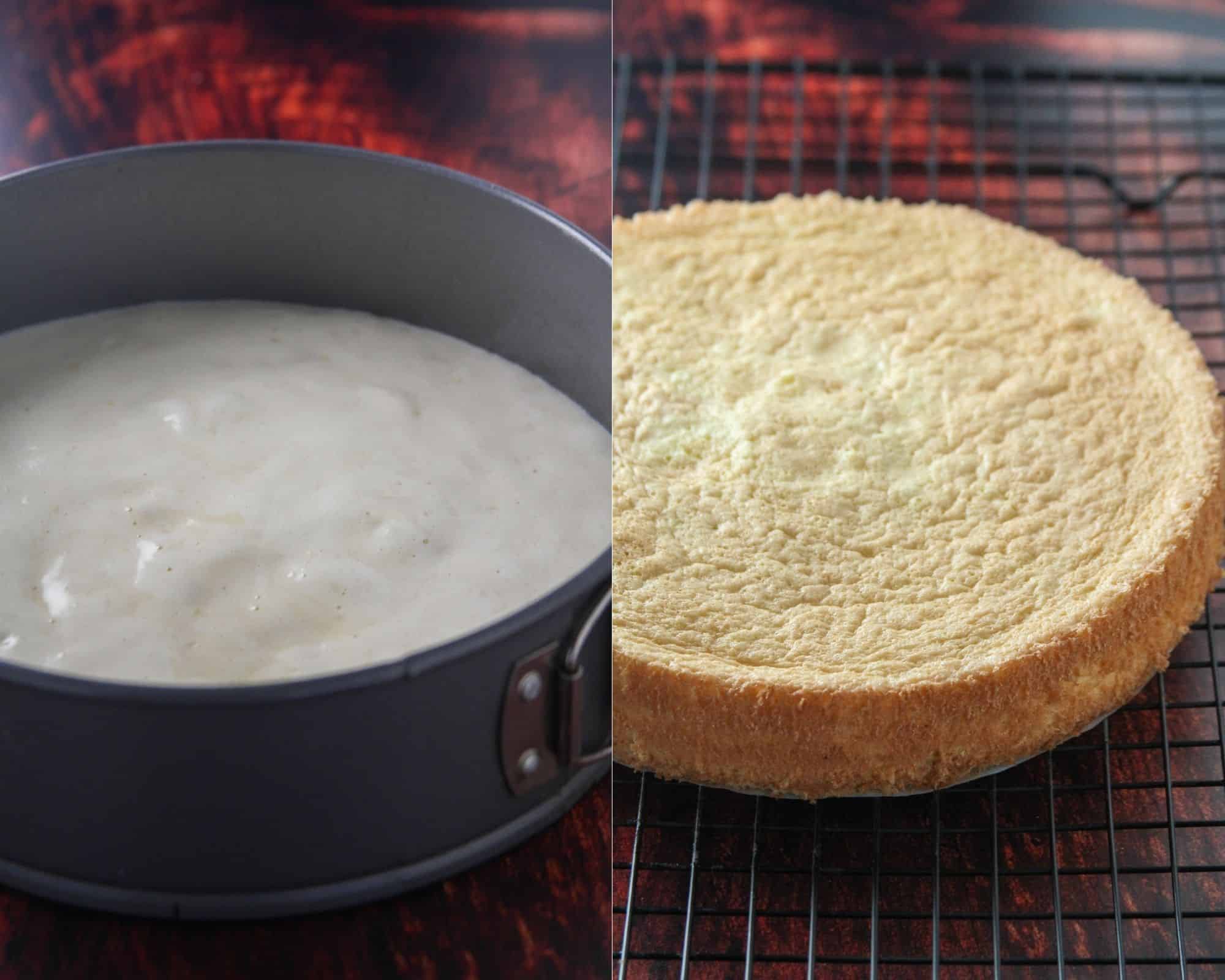 A collage showing the sponge cake batter on the left, and the baked sponge cake on the right.