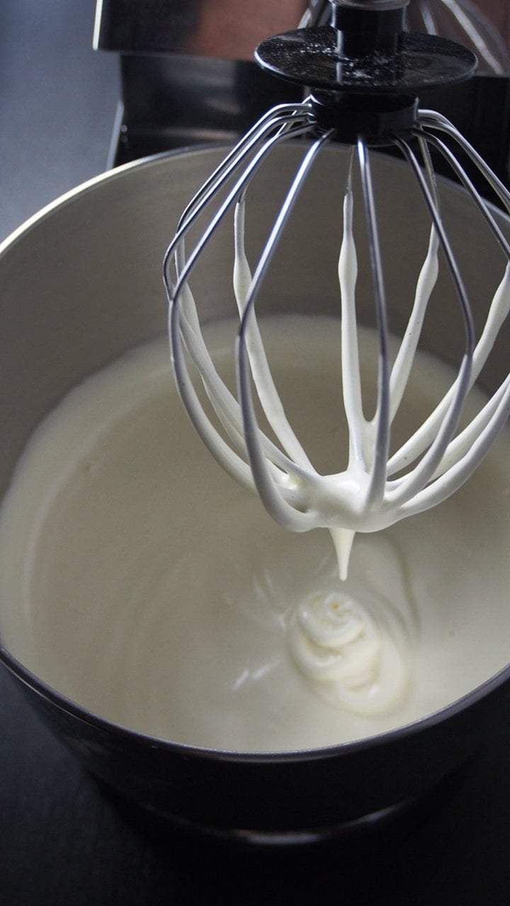 Sponge cake batter for the mango mousse cake. Batter is made of beaten eggs- thick, pale and creamy.