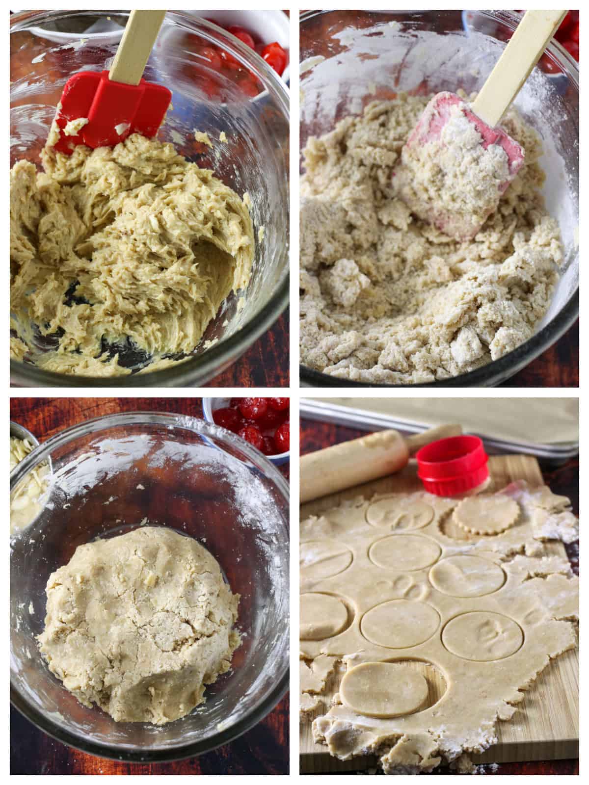 A collage showing how to make the dough for Florentine biscuits, First is the creaming of butter and sugar. Next is the adding of flour mixture. Then shaping the dough into a ball. then the rolled out dough for cutting out circles.