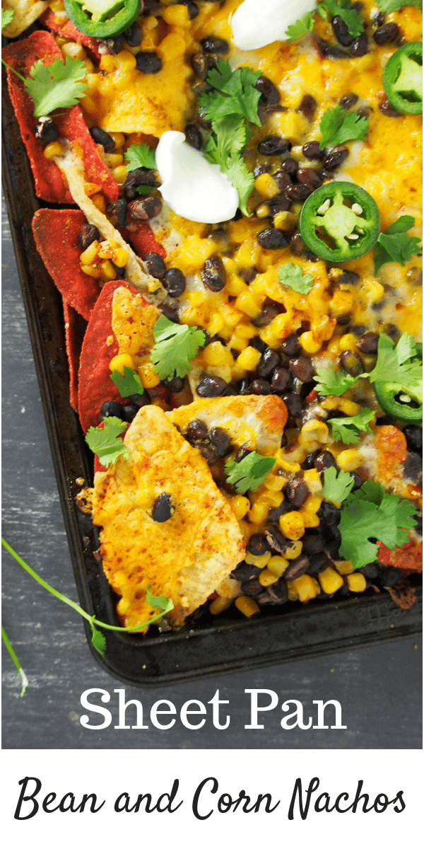 Sheet Pan Bean and Corn nachos is such a flavorful appetizer or snack that is so quick to prepare. Your whole family can enjoy this even on weeknights. #sheetpan #easynachos #sheetpandishes