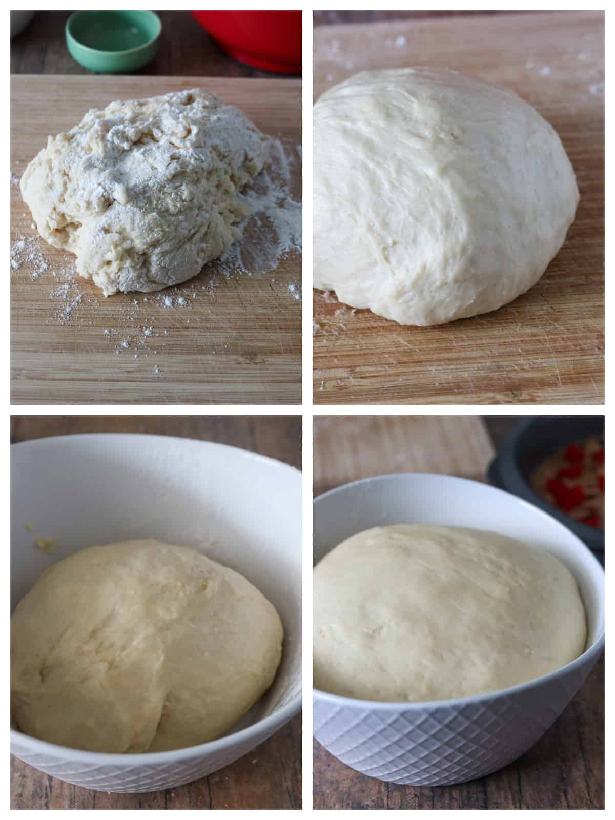 A collage showing the stages of dough: before kneading (upper left), after kneading (upper right), before the first rise (lower left) and after rising (lower right).
