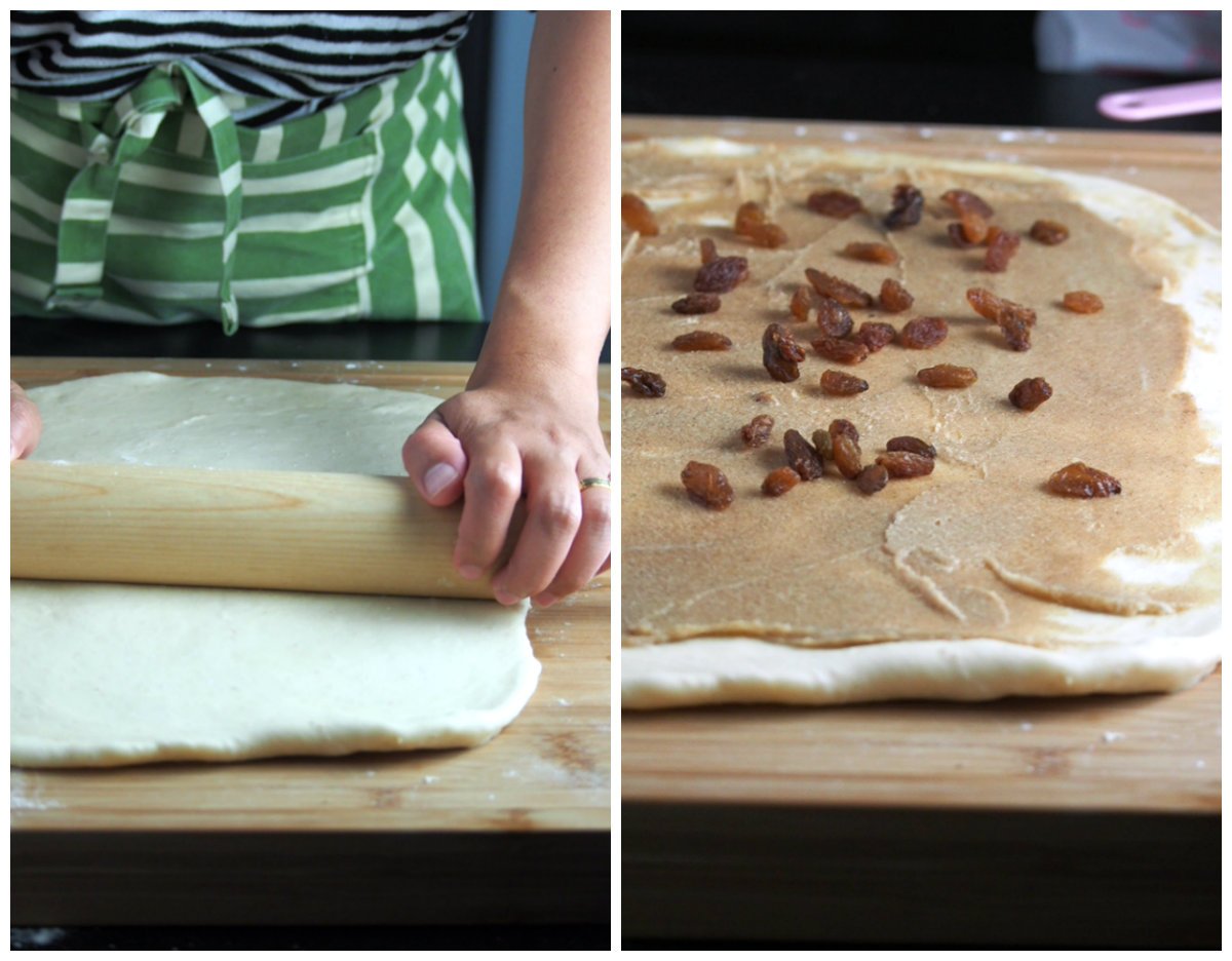 Roll the dough into a rectangle and spread the brown sugar paste across the surface of the dough. Sprinkle the pecans and raisins over it.