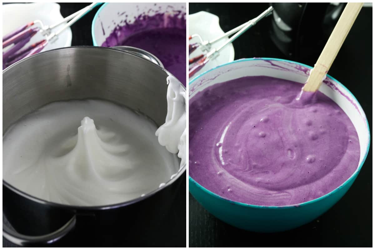 A collage showing the beaten egg whites on the left, and the finished cake batter on the right.