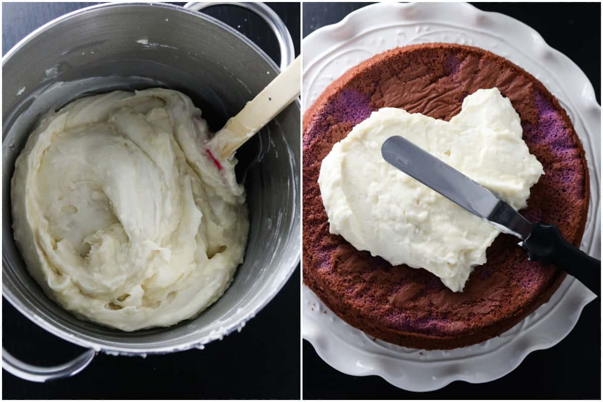 Frosting the ube cake with white chocolate coconut cream.