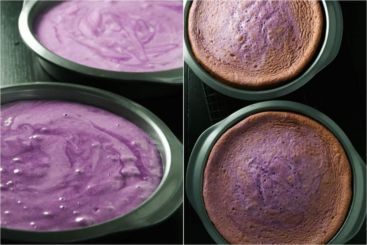 The ube chiffon cakes in two round pans, before and after baking.
