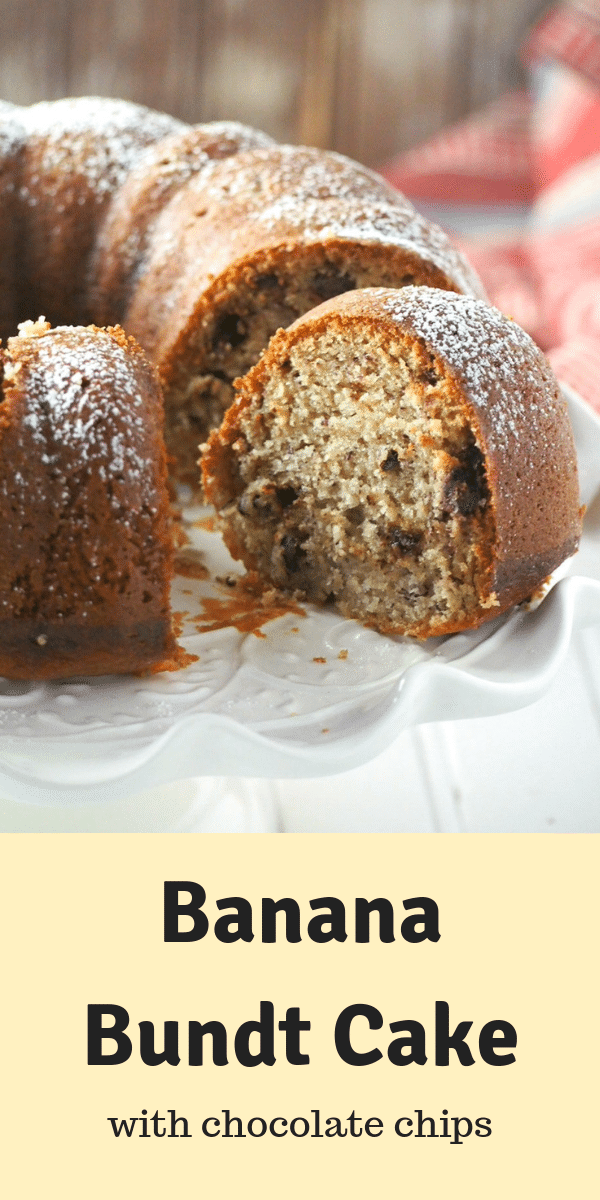 This is a simple Banana Bundt Cake with moist, flavorful crumbs, amazing texture from the walnuts and richness from the chocolate chips. #Bananacake #Bundtcake #bananabread | Woman Scribbles