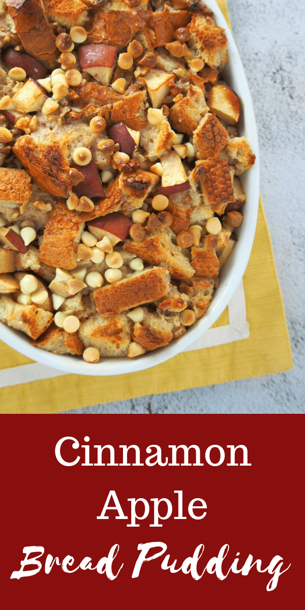 Really delicious cinnamon apple bread pudding is a dessert that will warm up and sweeten your day. Apples, nuts, cinnamon and chocolate chips, this is a comforting treat! #apples #cinnamon #breadpudding | Woman Scribbles