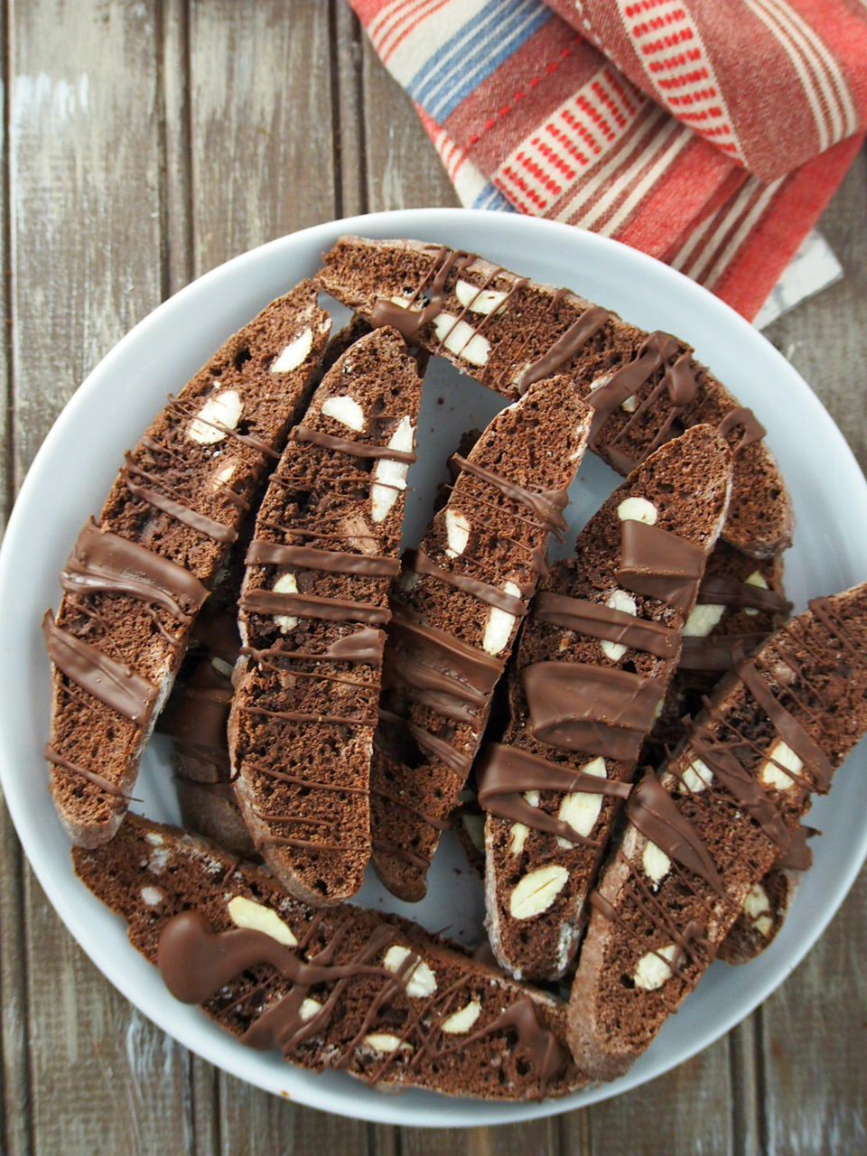 A plate of chocolate biscotti glazed with melted chocolate.