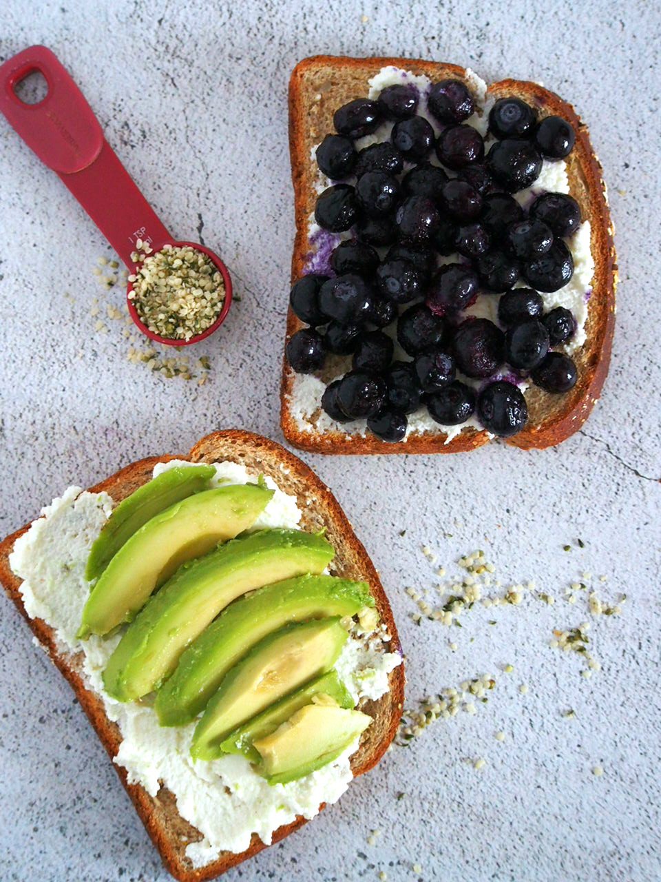 The blueberry and avocado toasts being assembled.