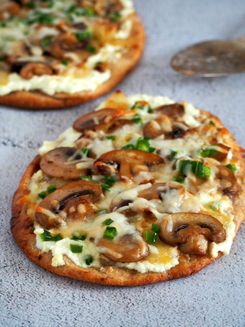 Baked Mushroom Jalapeno Naan Pizza.