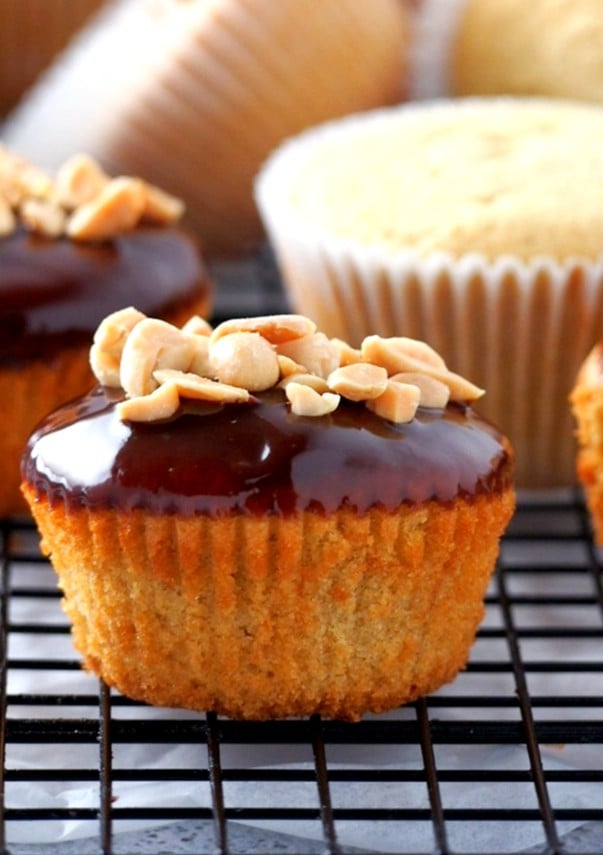 Close up of a peanut butter cupcakes that is glazed with chocolate and topped with chopped peanuts.