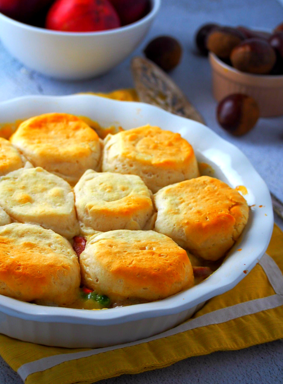 Smokies and veggies pot pie with biscuits topping.