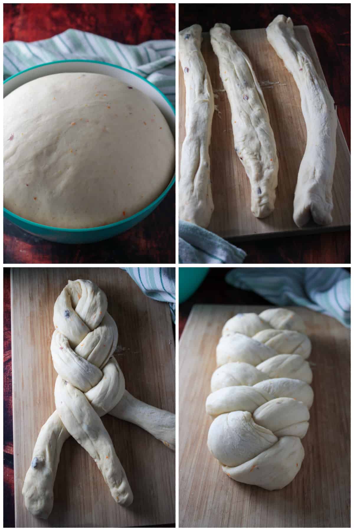 A collage showing the process of braiding a loaf.