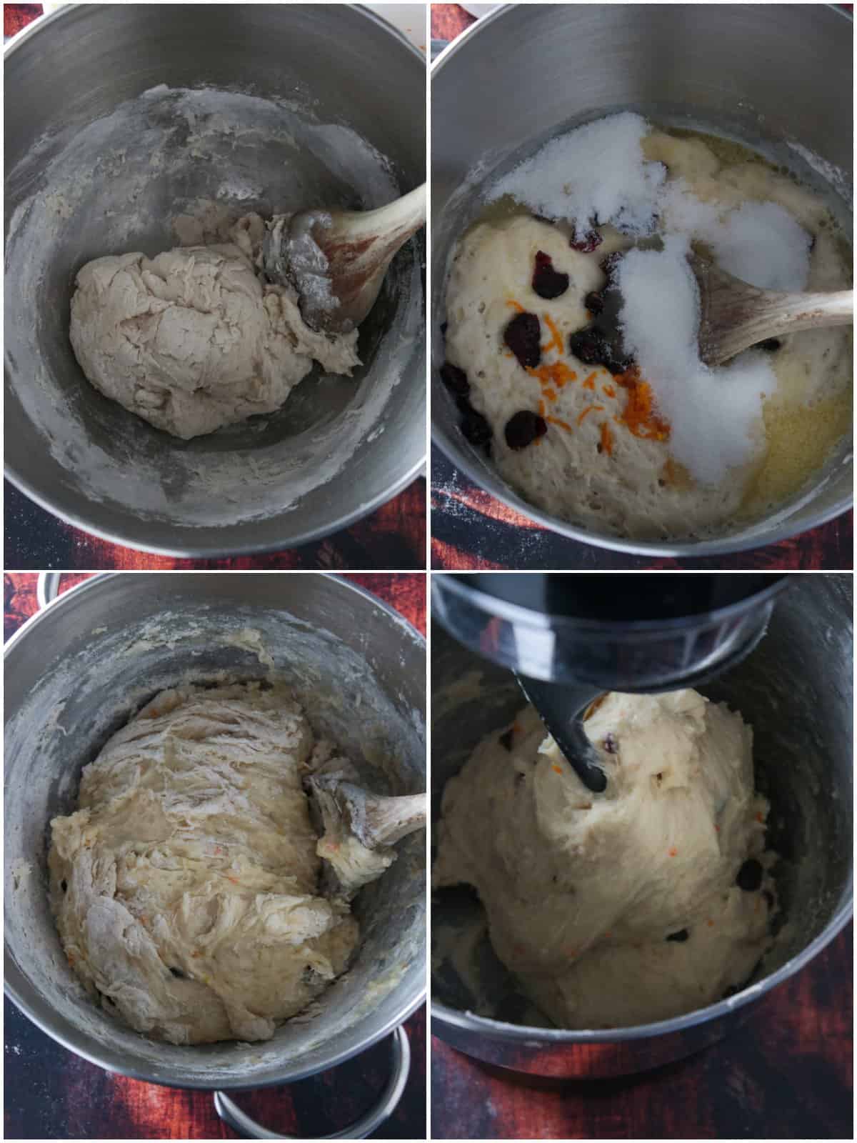 A collage showing the process of making the bread dough for the Greek bread.