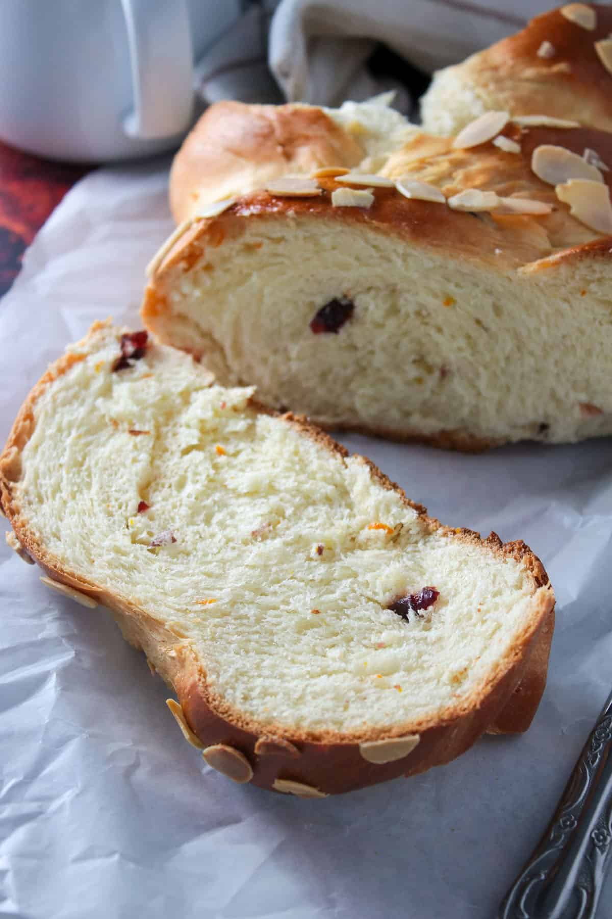 A slice of Tsoureki Greek bread.