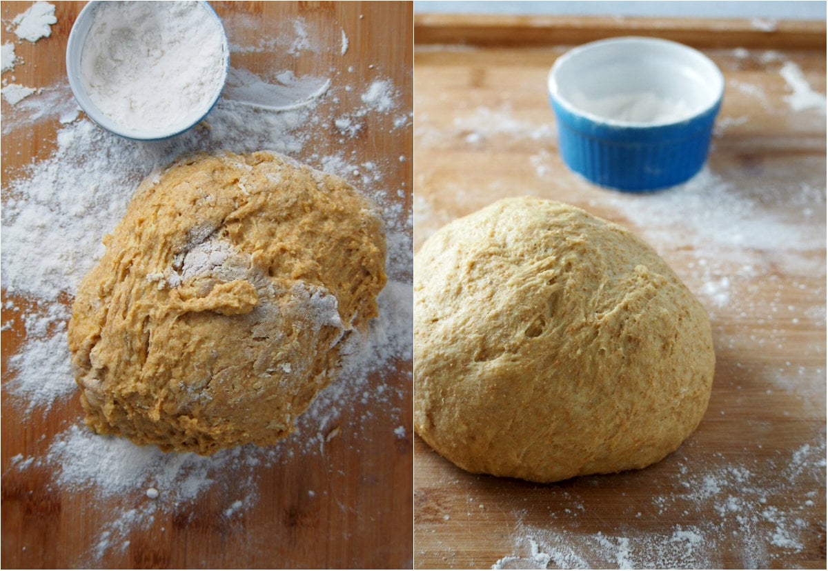 The dough for whole wheat cinnamon roll before and after kneading.