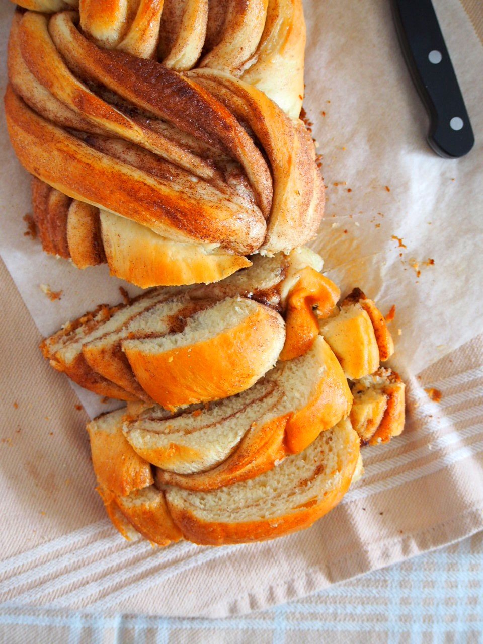 Cinnamon Roll Bread Loaf cut into slices.