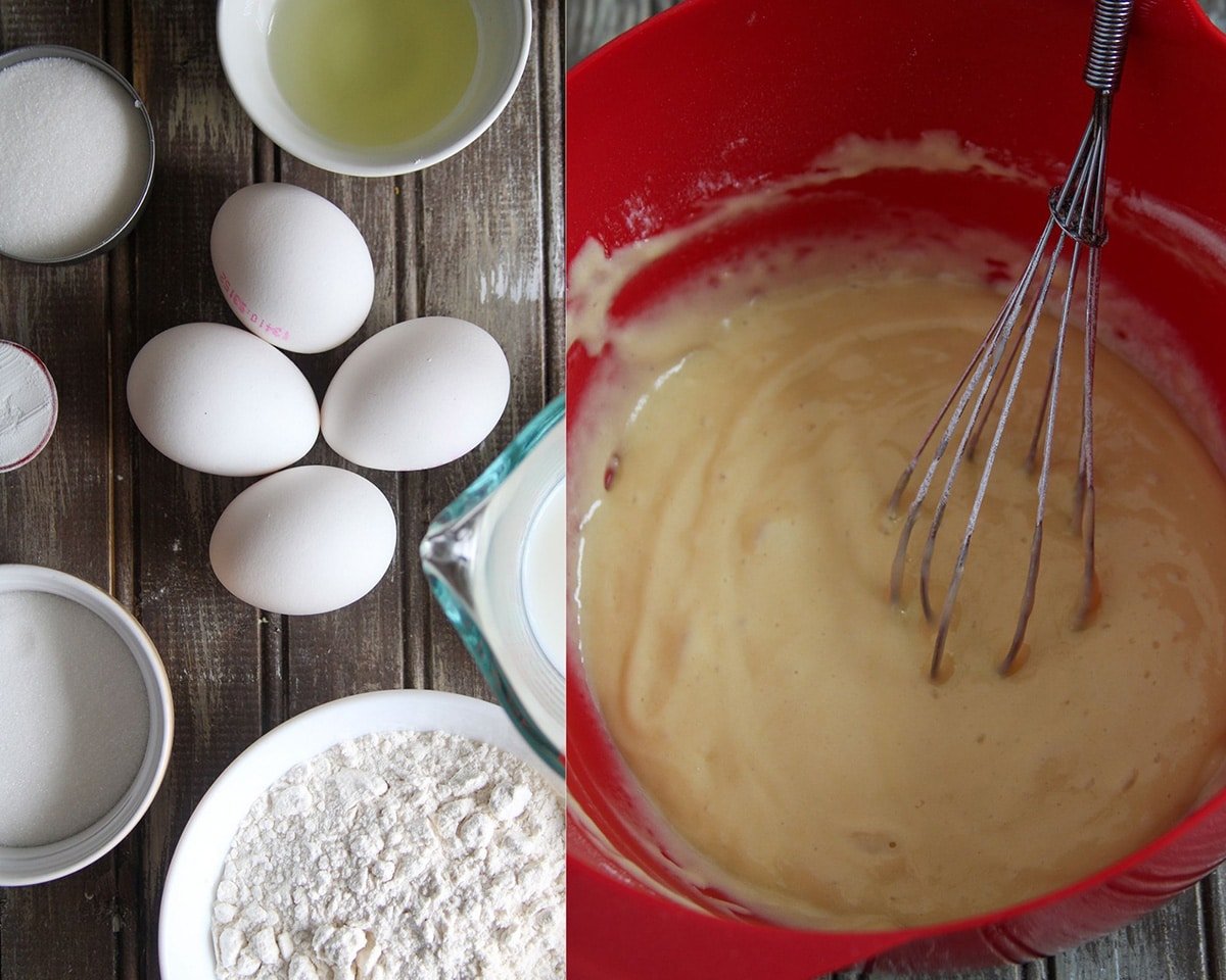 A photo collage showing the ingredients for Vanilla Swiss roll on the left and the mixed yolk batter on the right.