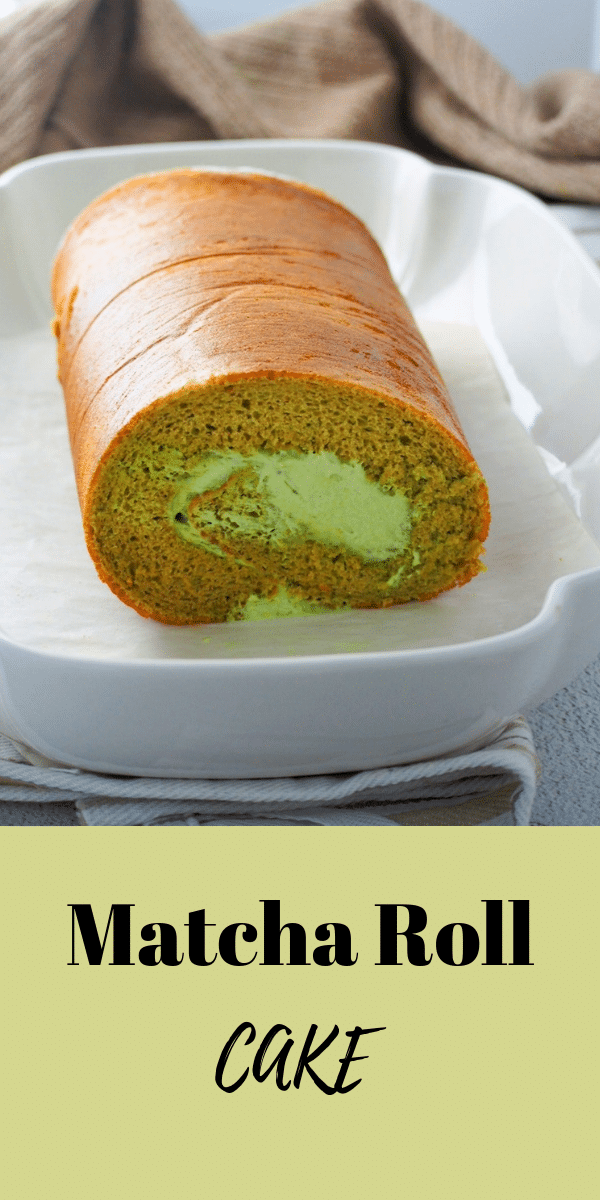 Soft matcha chiffon cake filled with matcha whipped  cream, this Matcha Roll Cake is every bit delicious. Light and creamy, this is a special treat for matcha lovers! #matcha #Matchacake #matchaswissroll
