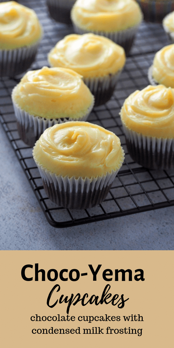 Moist chocolate cakes topped with a luscious yema frosting, these Choco-Yema Cupcakes are the perfect balance of chocolate and condensed milk in a decadent dessert. #chocolateyema #yemacupcakes #chocoyema