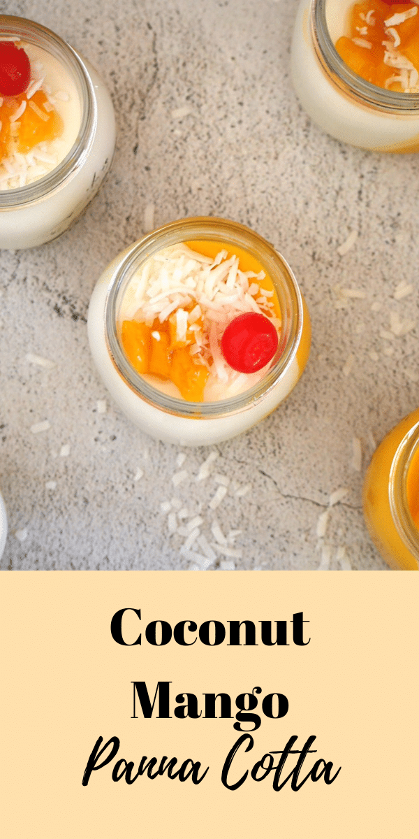 Creamy coconut and sweet mangoes side by side in this delicious Coconut Mango Panna Cotta. This dessert looks complicated but it is actually easy to make! #pannacotta #dessertsinjars #coconutmango