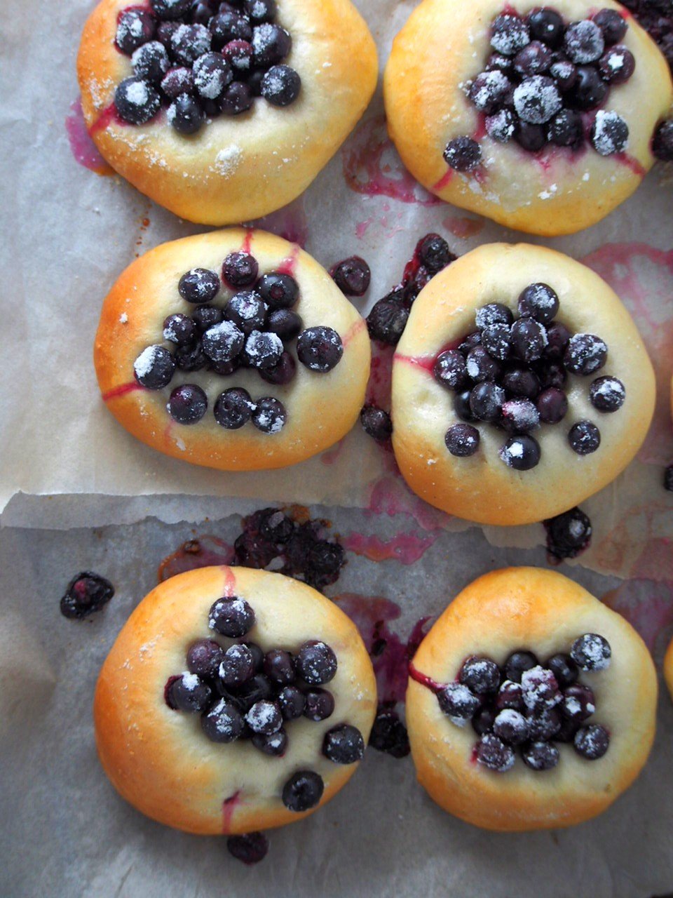Top shot of Finnish Blueberry buns.