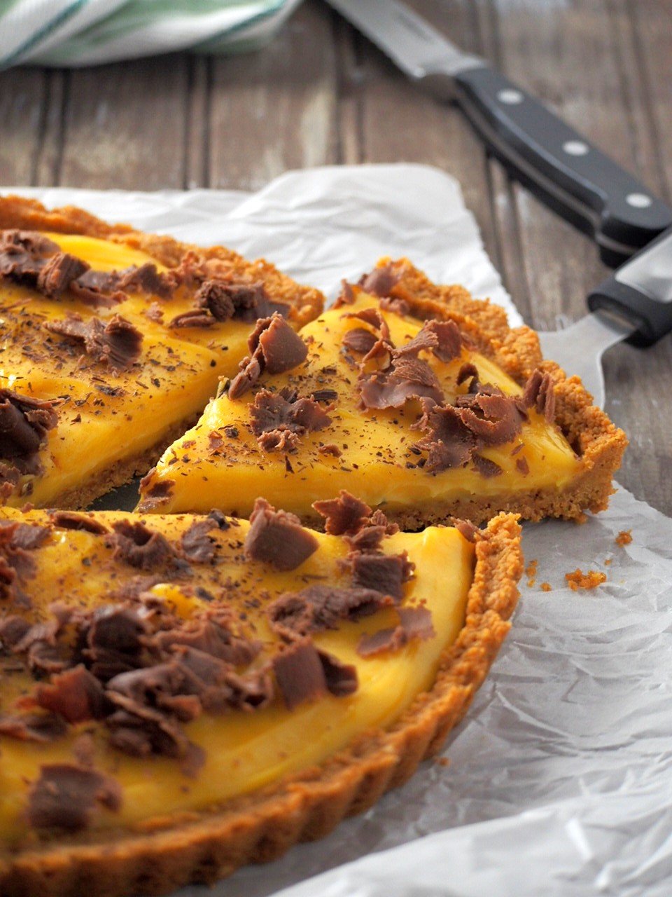Mango Tart sliced and ready for serving.