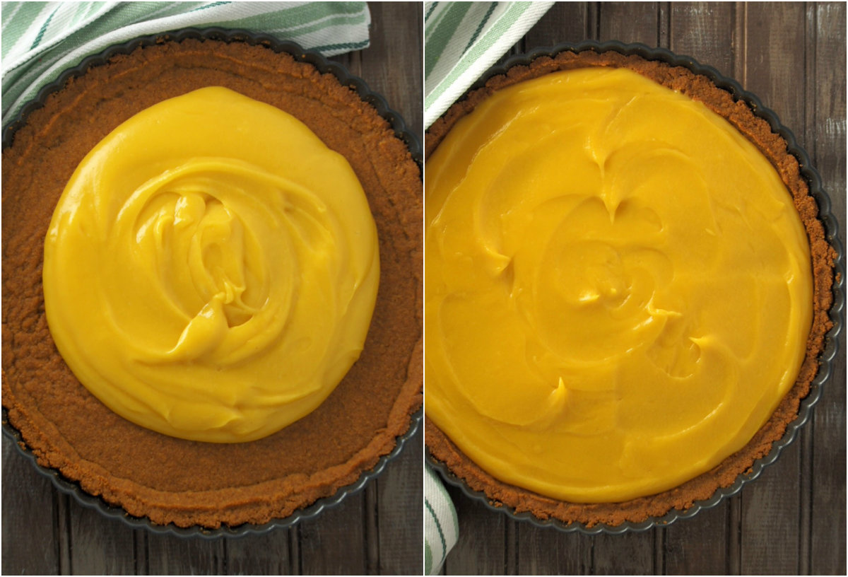 Filling the Graham Crust with Mango cream filling.