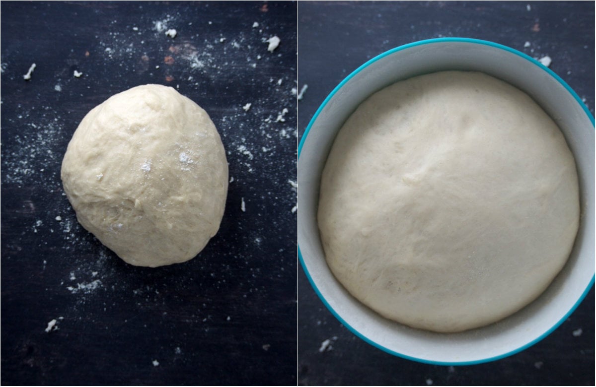 The dough for pan de siosa before and after rising.