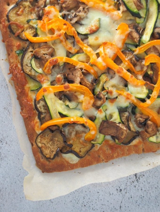 Top shot and close up of Roasted Veggies Flatbread pizza.