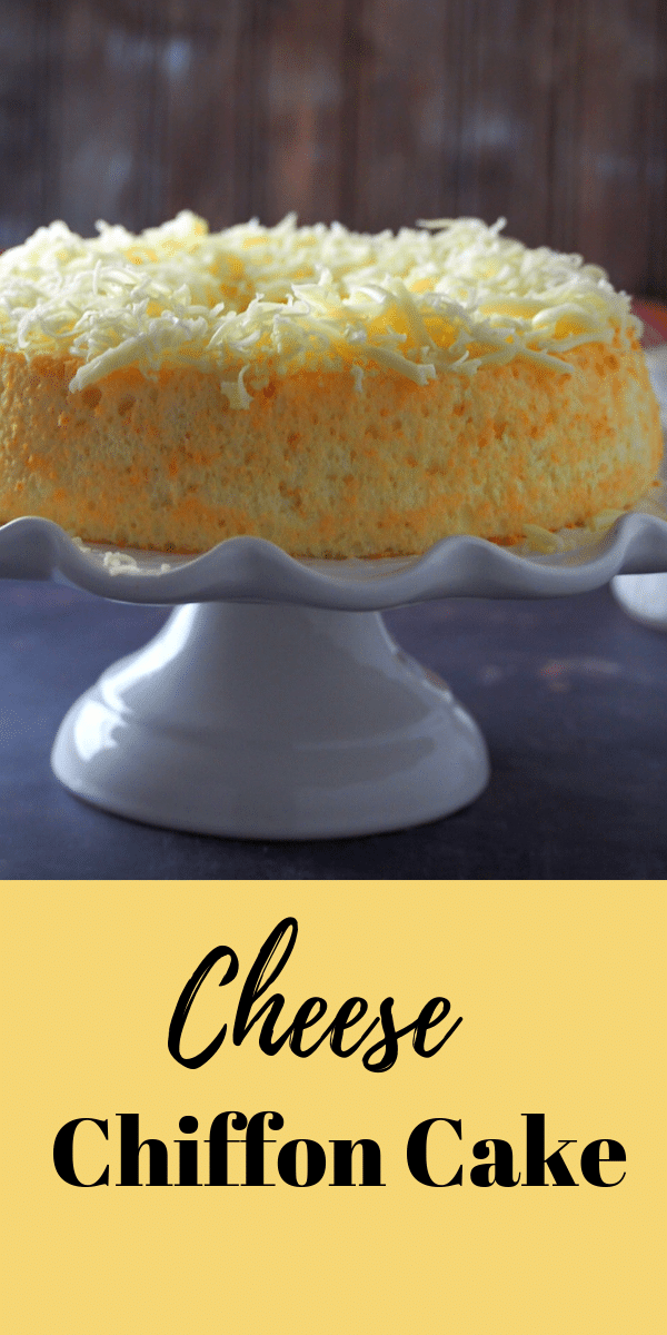 Craving a cheesy treat? You have to try this Cheese Chiffon Cake that is loaded with a generous topping of shredded cheddar cheese. #Cheesechiffon #Asiancakes #cheesycake