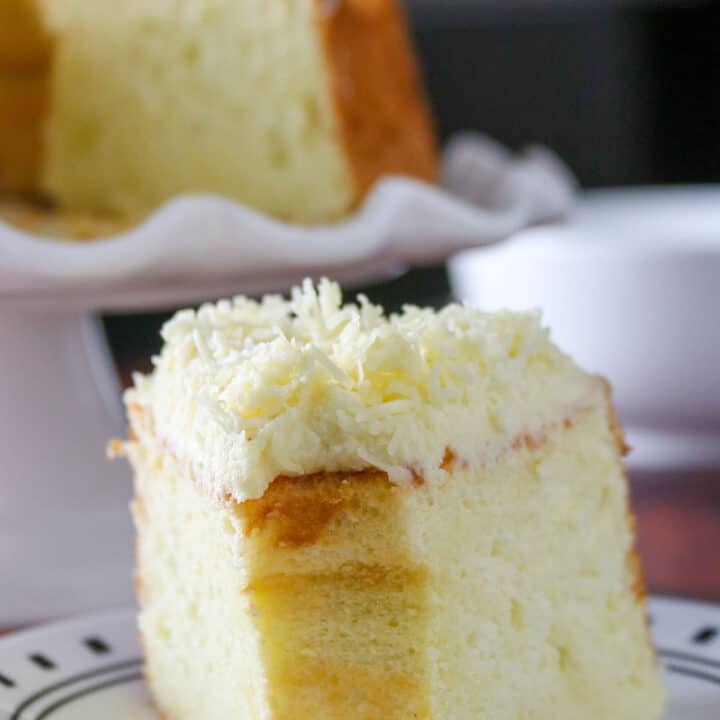 A slice of Cheese Chiffon Cake on a plate.