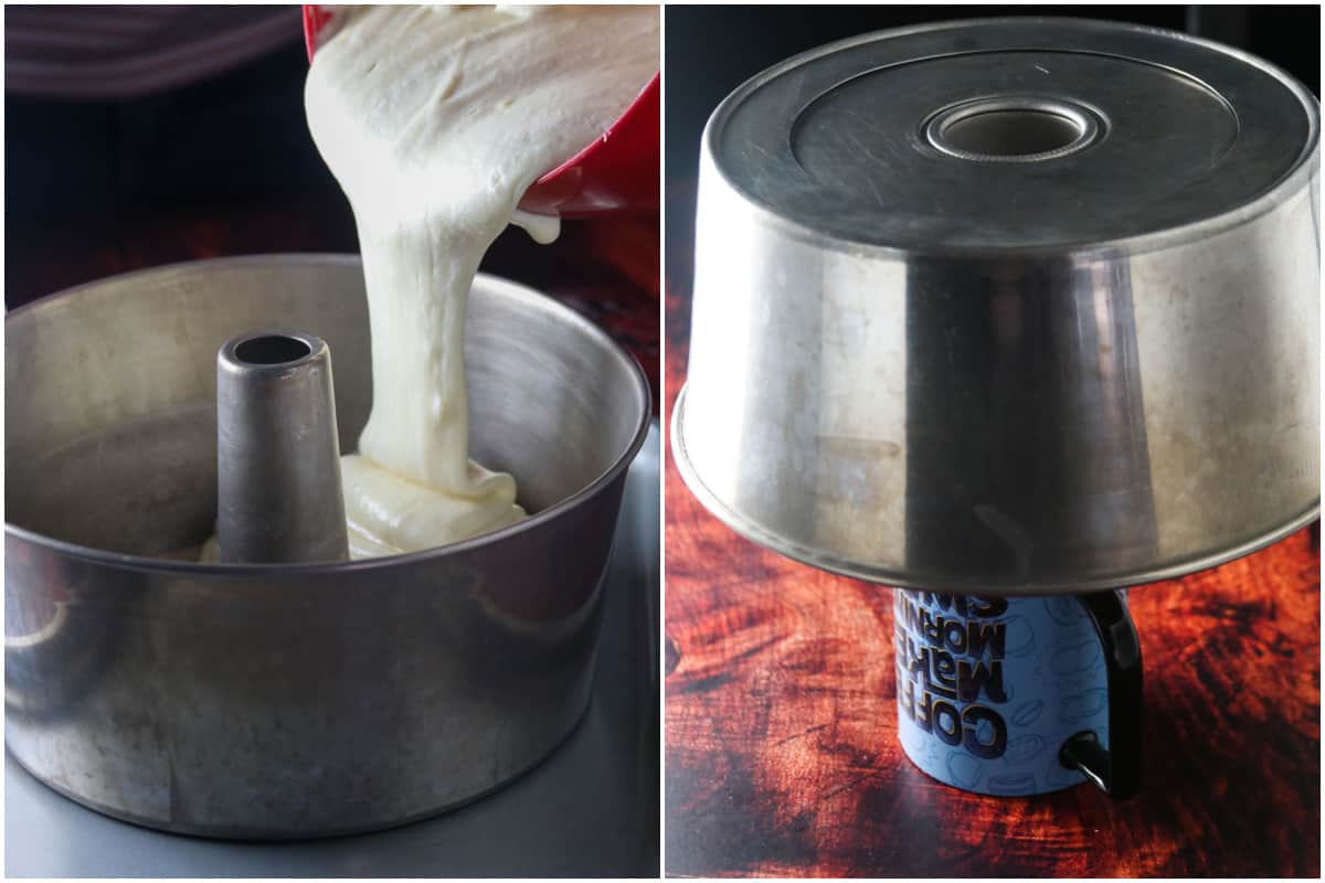 Pouring the cheese chiffon batter into the tube pan (left) and cooling the baked cake on top of an overturned mug (right).