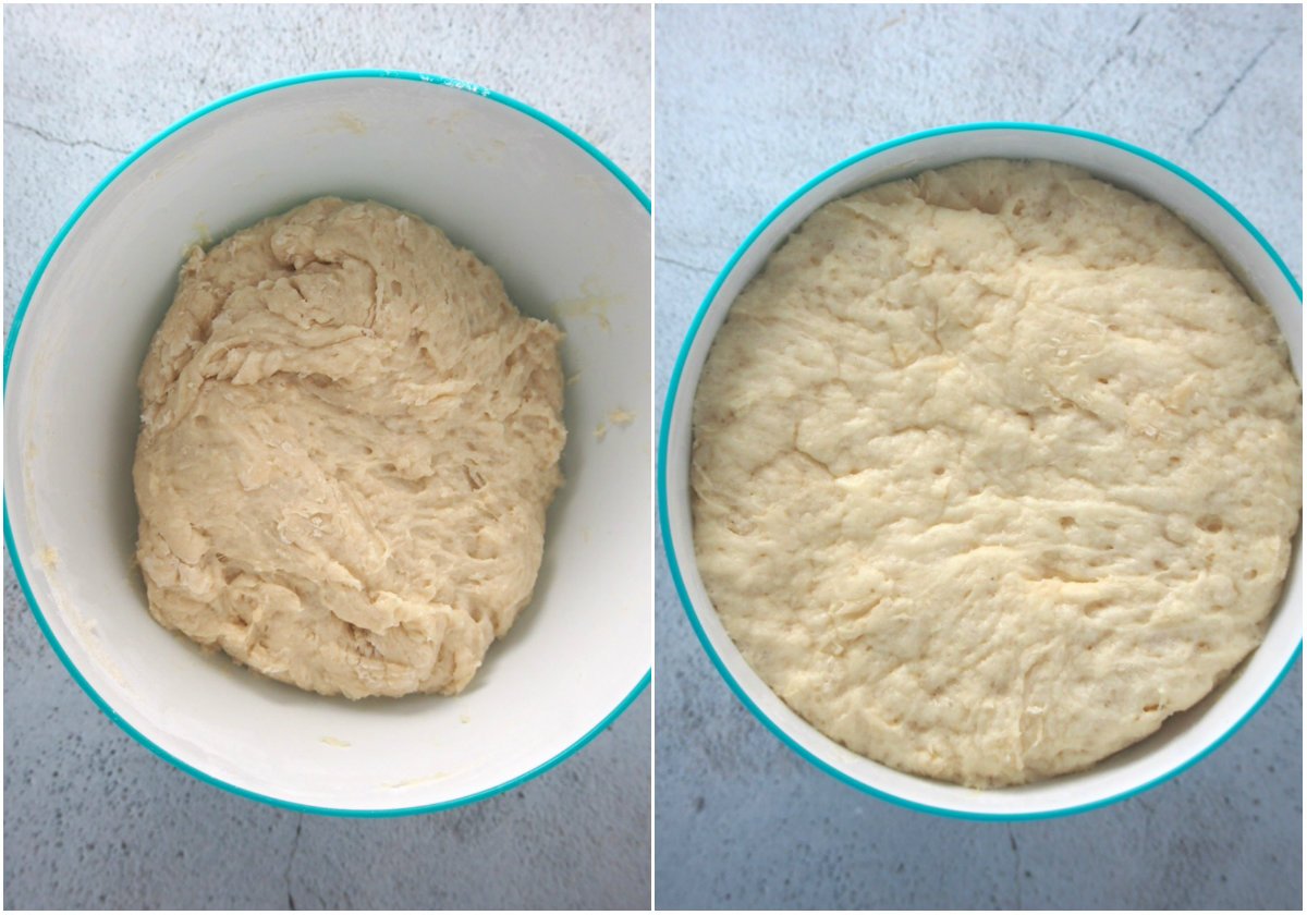 The mallorca bread before and after the first rise.