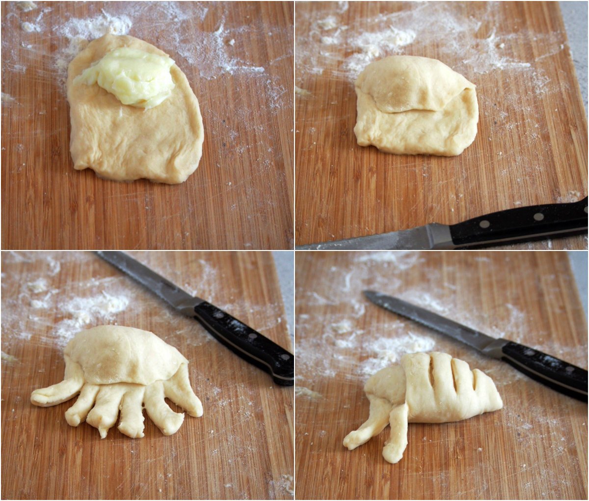 Collage showing how to form the pan de leche buns.