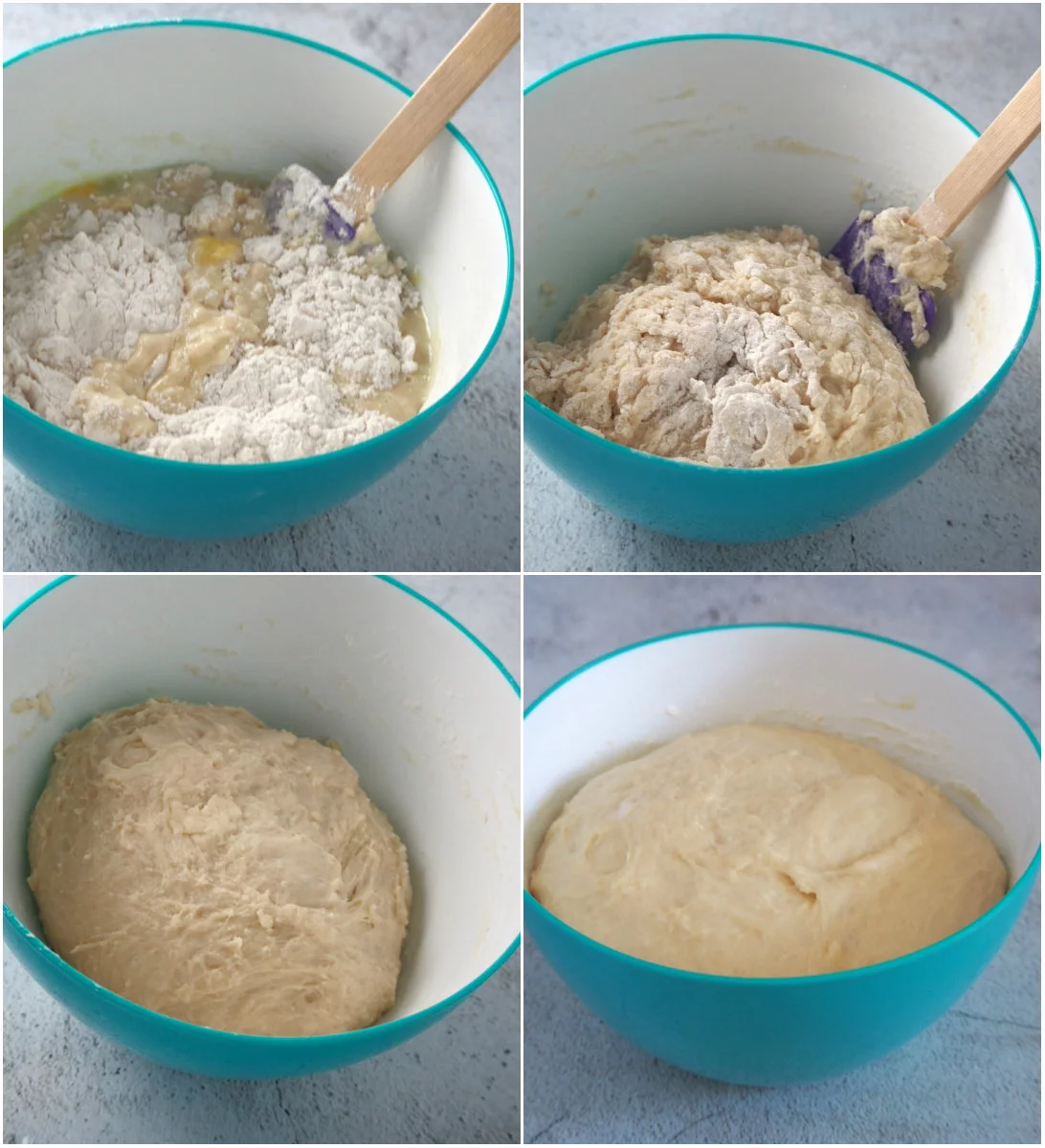 colagem mostrando o processo de fazer a massa para pan de leche.