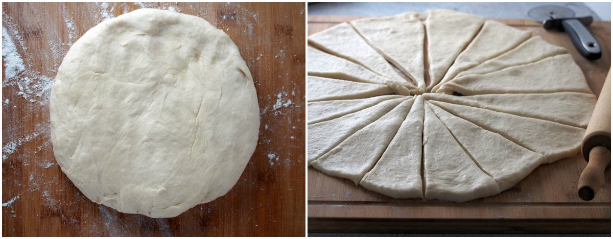 The risen dough shaped into a disc then cut into triangles.