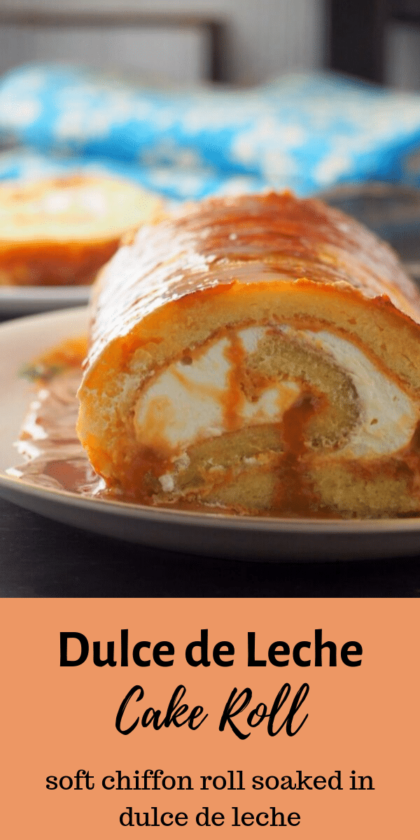Dulce de Leche Cake roll is made of a soft chiffon cake that is soaked in a luscious dulce de leche sauce and filled with whipped cream. #dulcedeleche #cakerolls #swissrolls