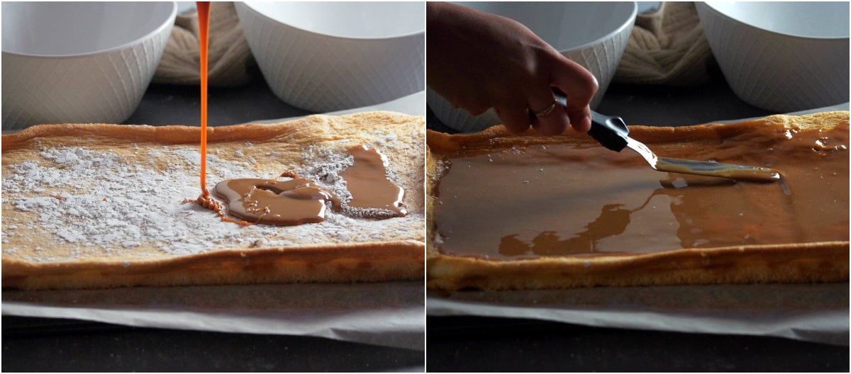 Pouring and spreading the dulce de leche over the cake.
