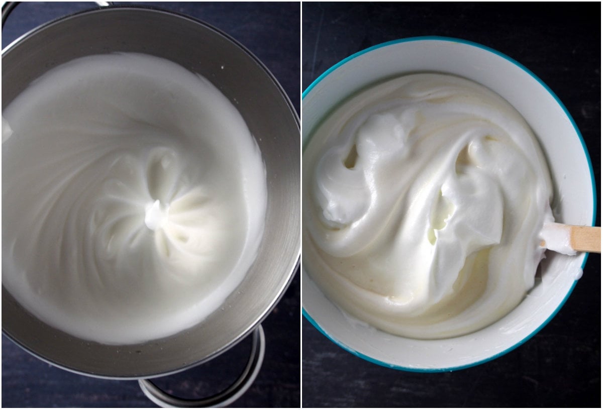 Photo of whipped egg whites on the left and mixing of the cake batter photo on the right.