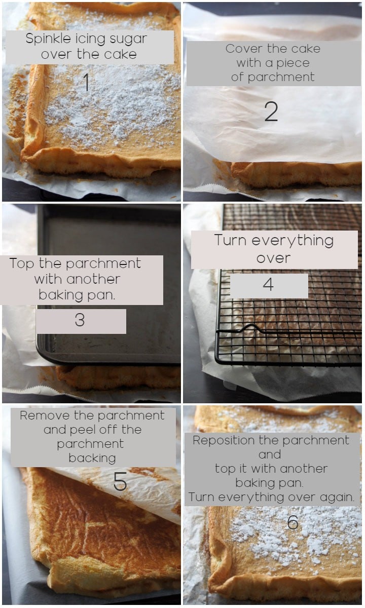 Dulce de Leche cake roll collage showing the process of removing the parchment paper backing of the cake.