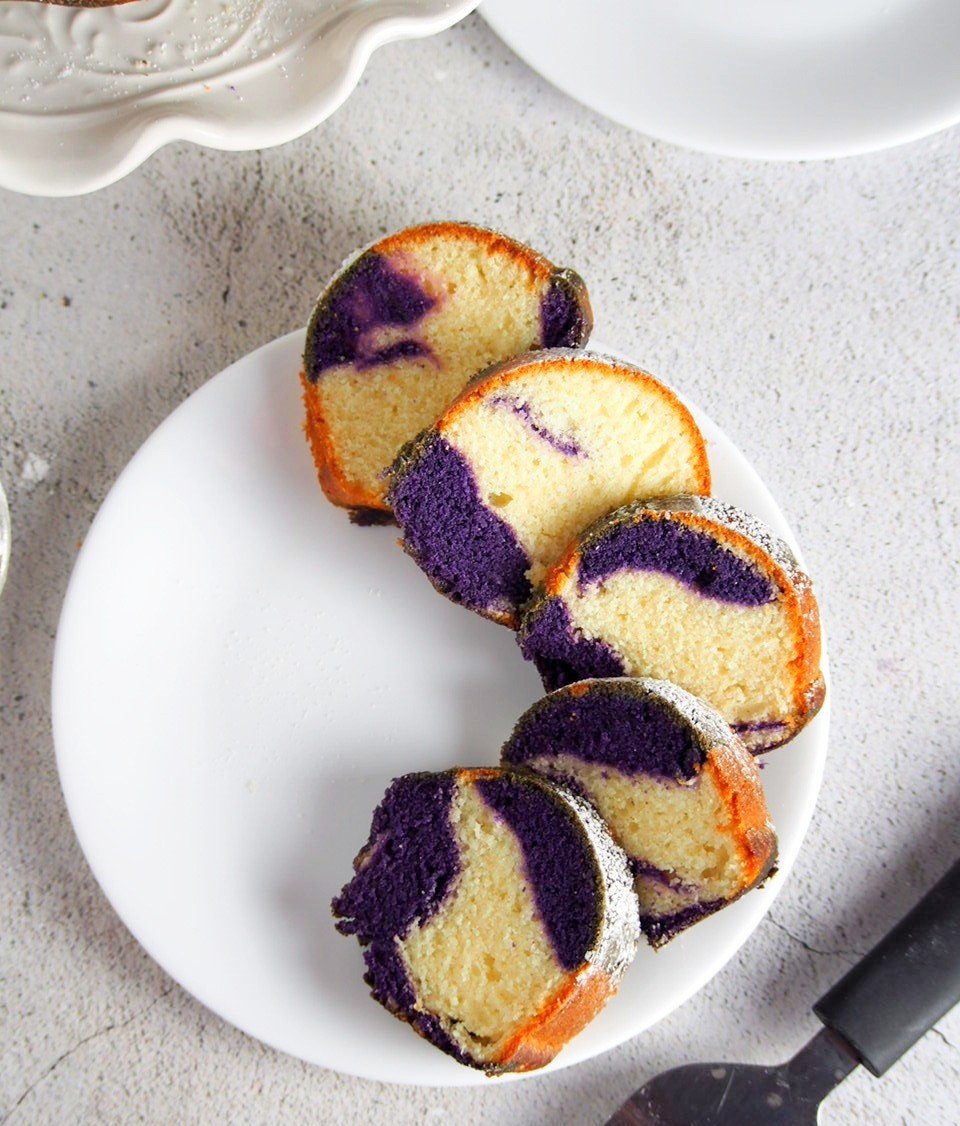 Top view shot of ube marble cake.