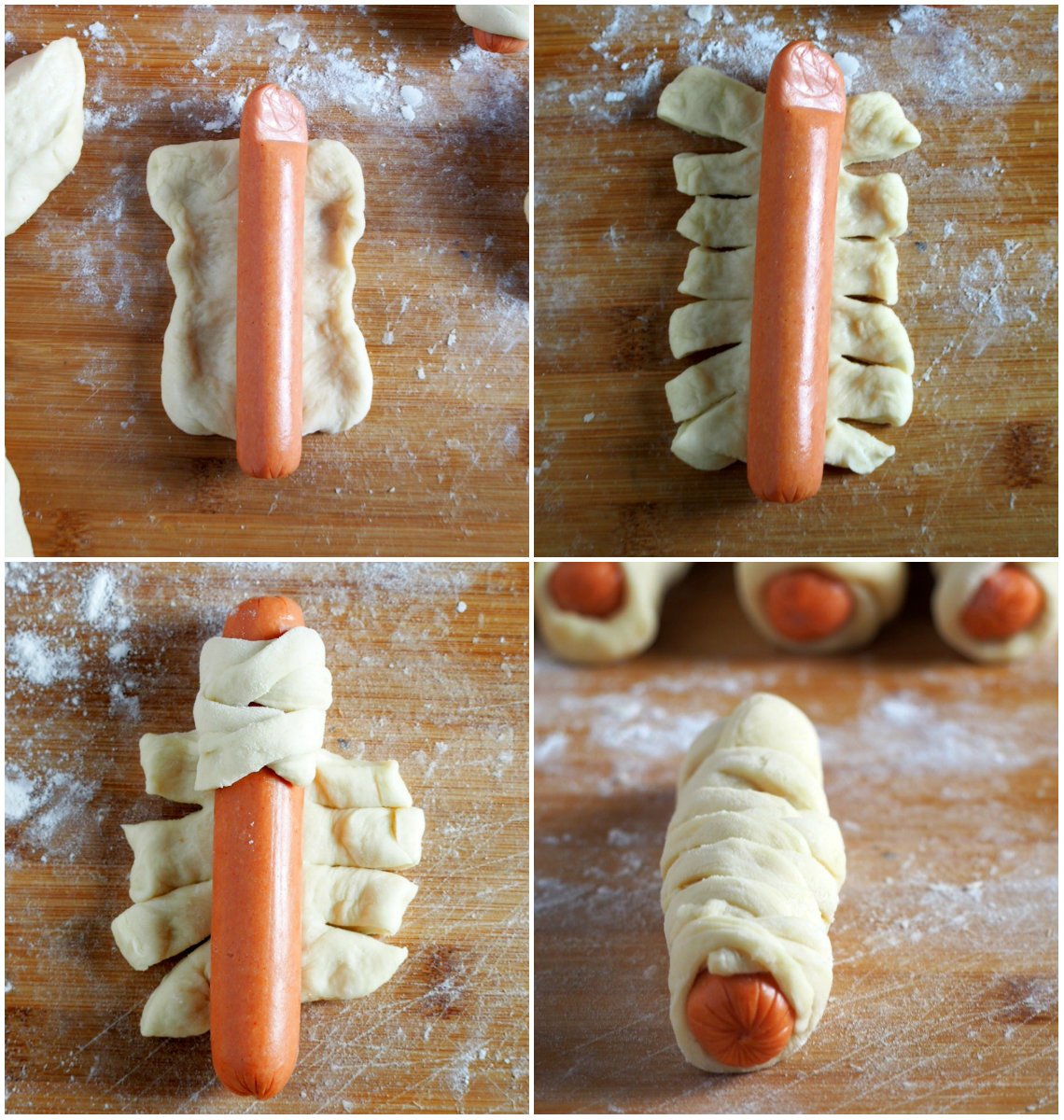 Collage of braided hotdog buns assembly. 
