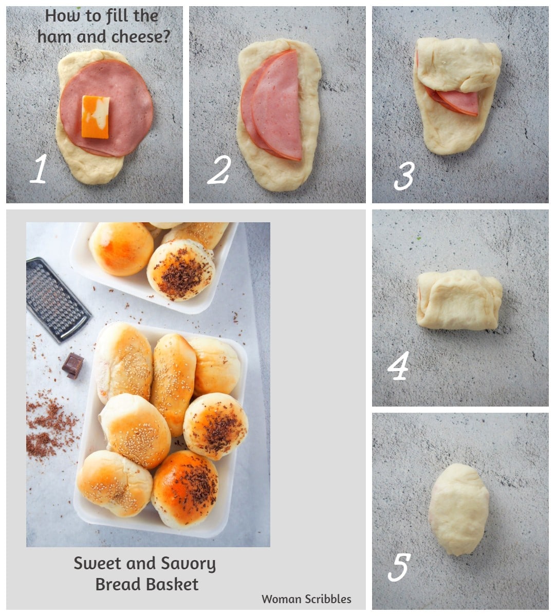 A collage showing how to fill the ham and cheese buns for the assorted bread basket.
