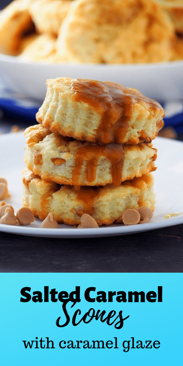 Salted Caramel Scones are delightful buttery treats with bits of caramel chips, a luscious caramel glaze and finished with a sprinkling of sea salt. #caramel #saltedcaramel #scones