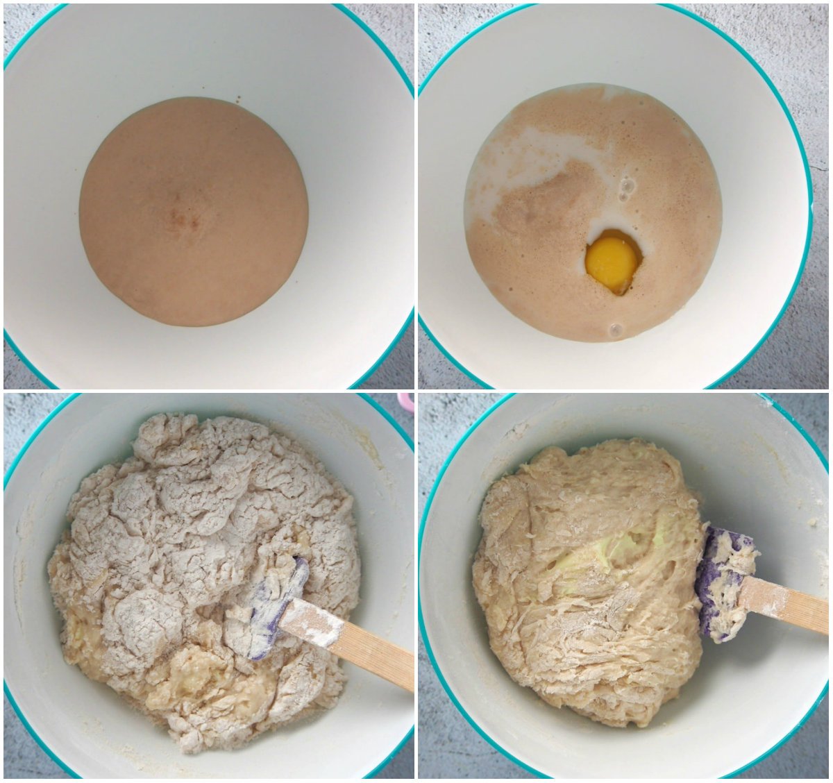 Collage showing the initial mixing of the bread dough.