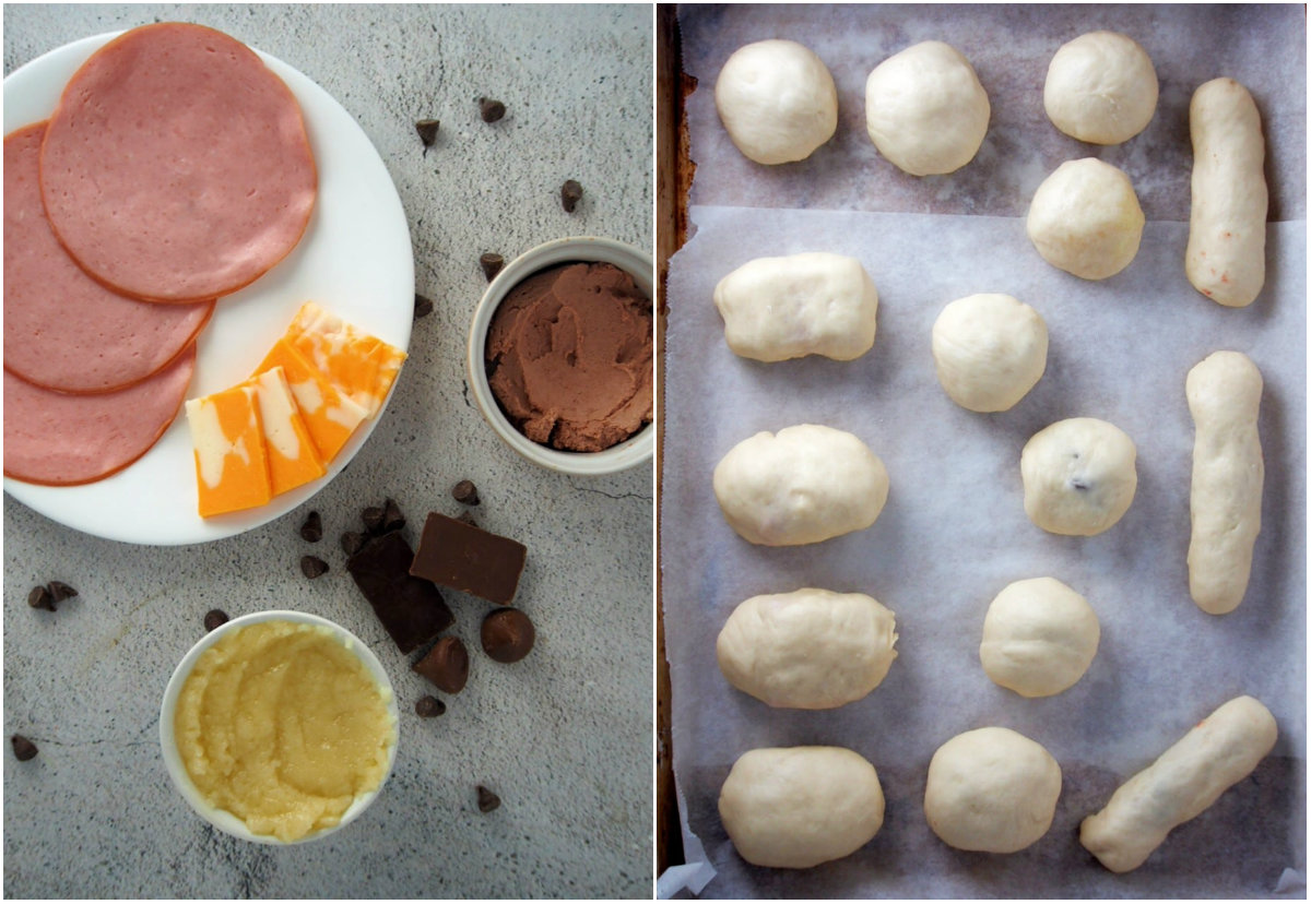 A collage showing all the filling for the sweet and savory bread basket and the assembled buns on a baking tray.