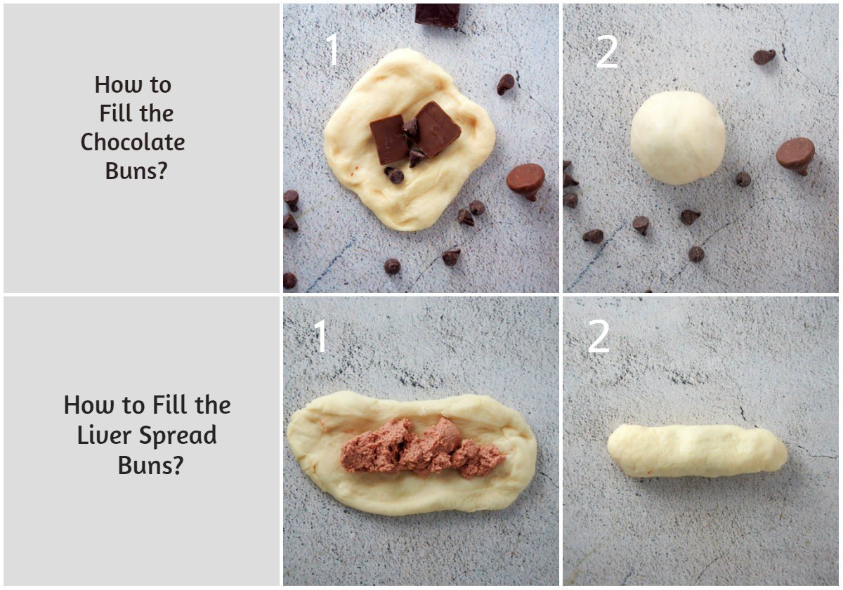 Collage showing how to fill the chocolate buns and liver spread buns to make the sweet and savory bread basket.