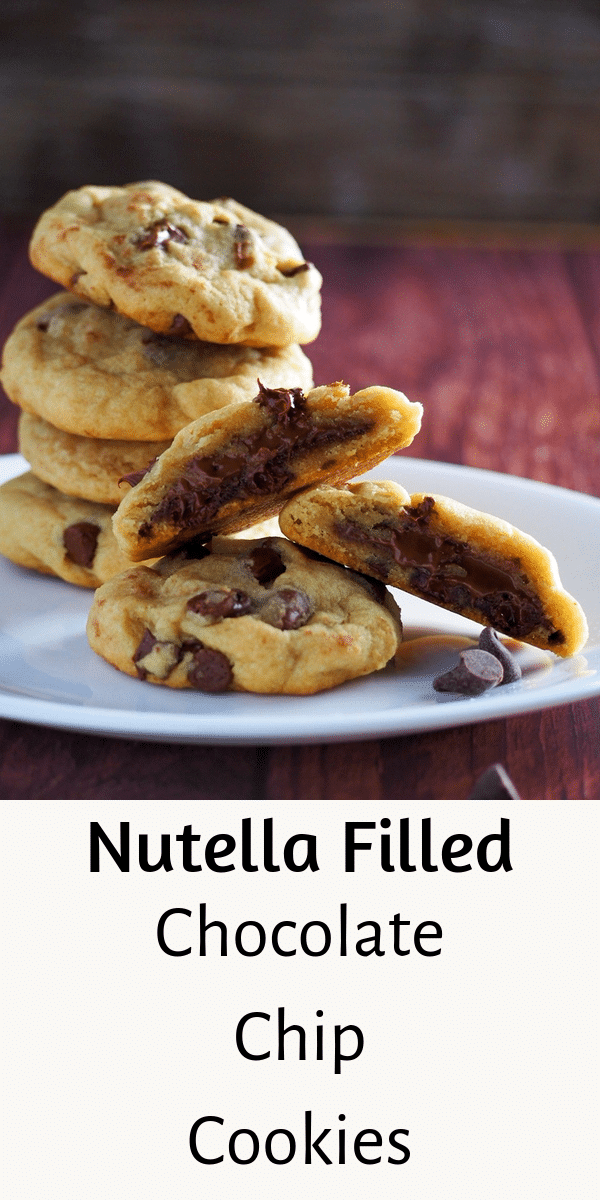 These Nutella-Filled Chocolate Chip Cookies are soft and chewy with melty Nutella spread in the centers. #Nutella #chewycookies #chocolatechip