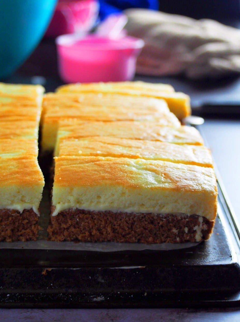 Choco Vanilla chiffon cake slices on a baking pan.